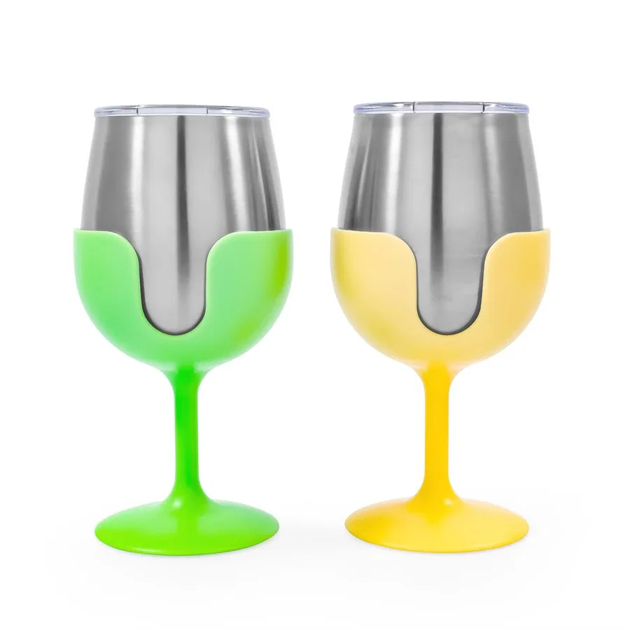 51916 – CAMCO Drinking Glass, Wine Glass 18/ 8 Grade Stainless Steel With BPA Free Lid With 1 Green And 1 Yellow Remo...